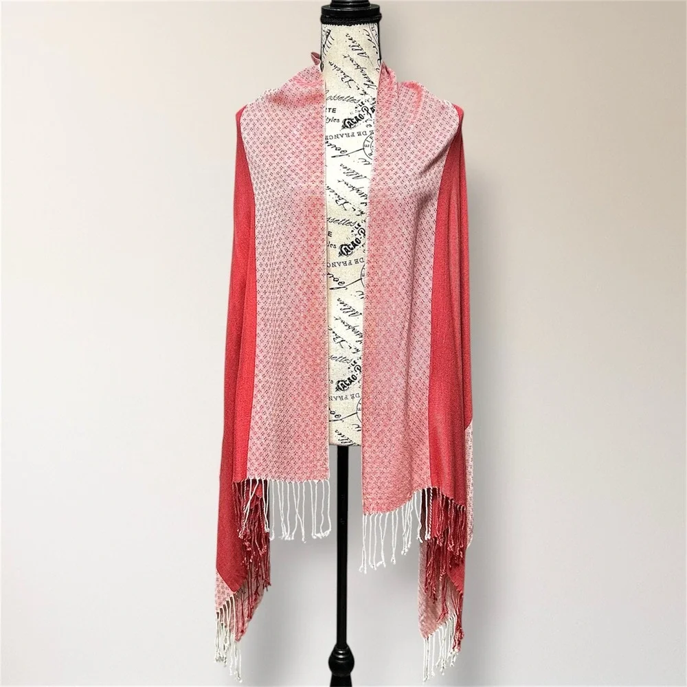 Pashmina‎ 100% Pashmina Jacquard Fringe Shawl Wrap Pink Coral Reversible Travel